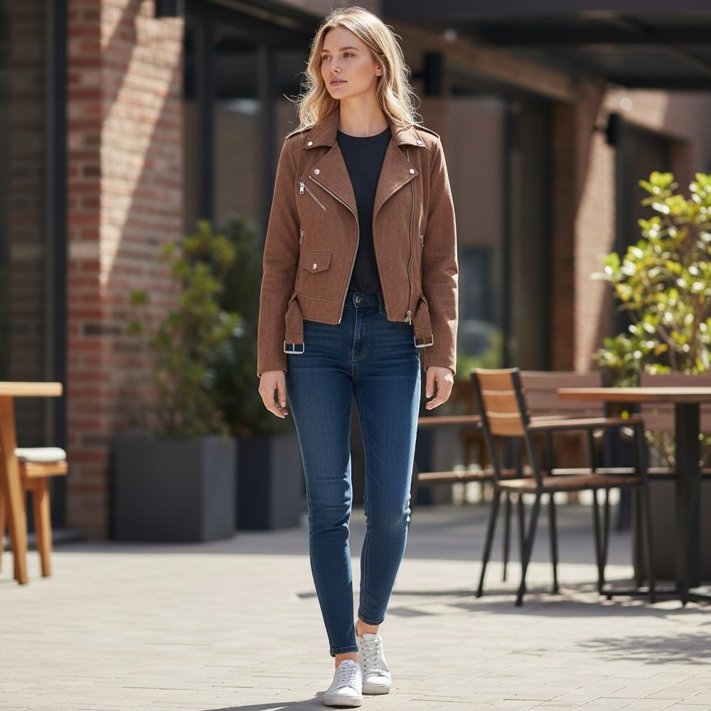 Lulus Moto Jacket Womens XS Brown Excellent Vegan Suede Cropped Belted Biker